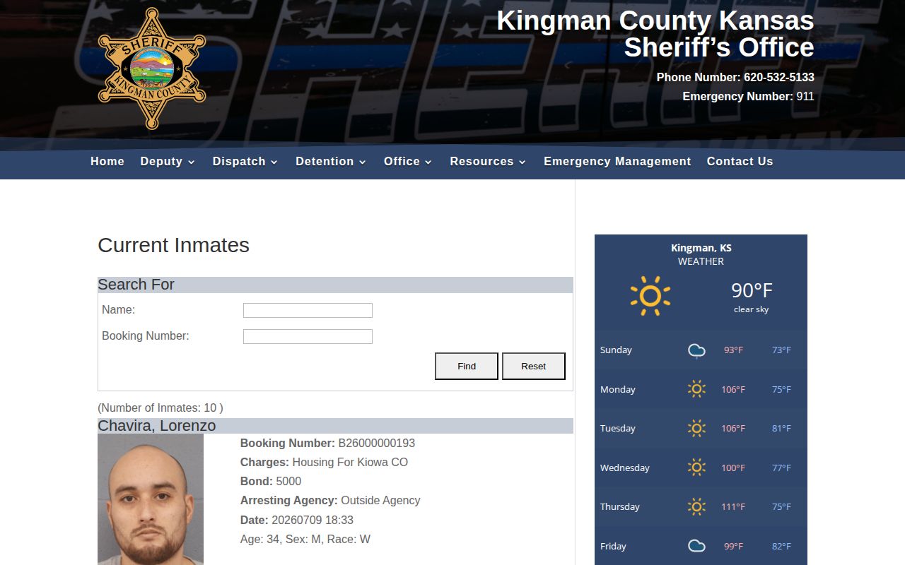 Kingman County Sheriff current-inmate roster and booking fields