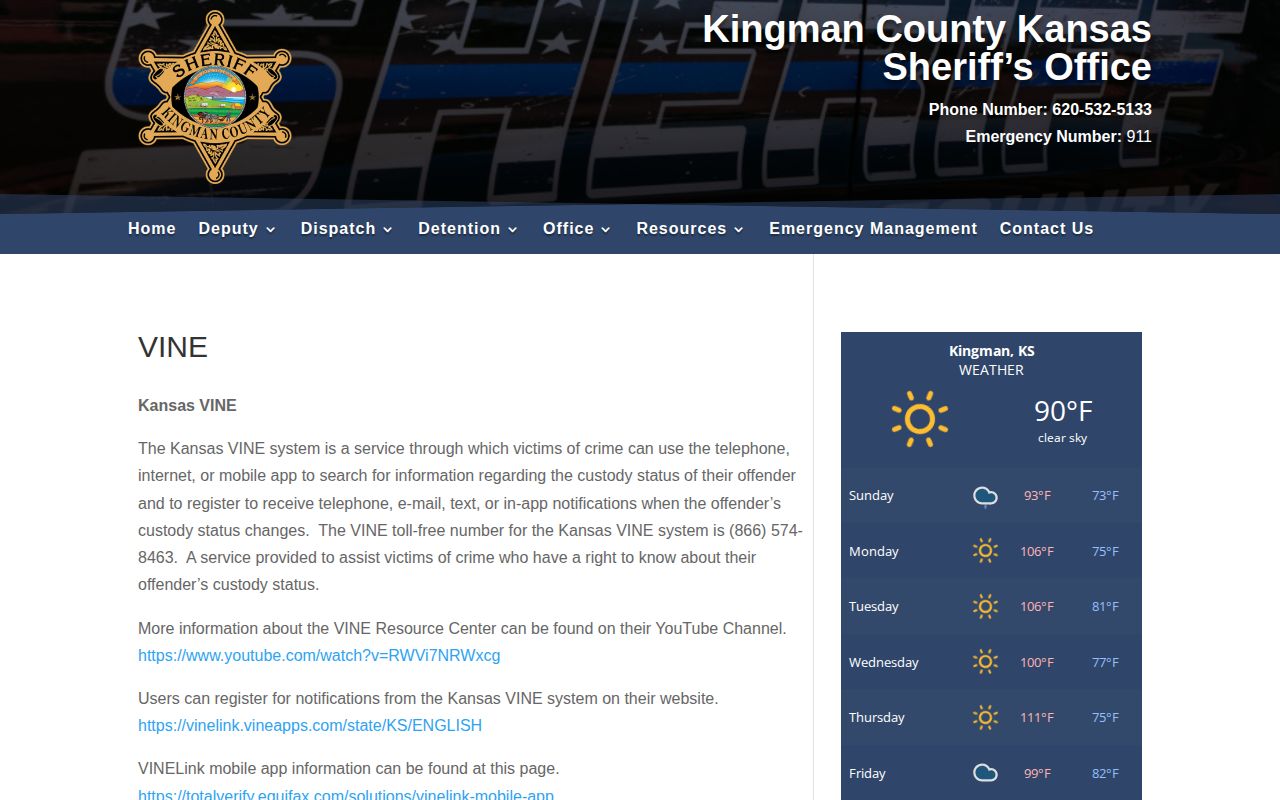 Kingman County Sheriff VINE access explanation